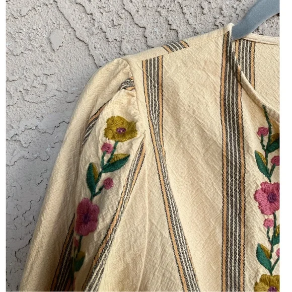 SEZANE Yellow Ecru Pink Striped Floral Embroidered Button Down Aina Blouse Shirt - Picture 13 of 16